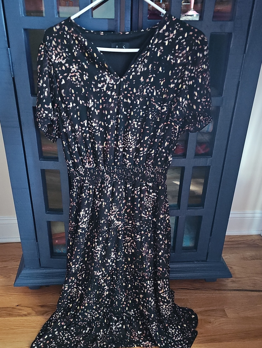 MSK Black Floral Midi Dress with Gold, Pink  and Cream Ditsy Print